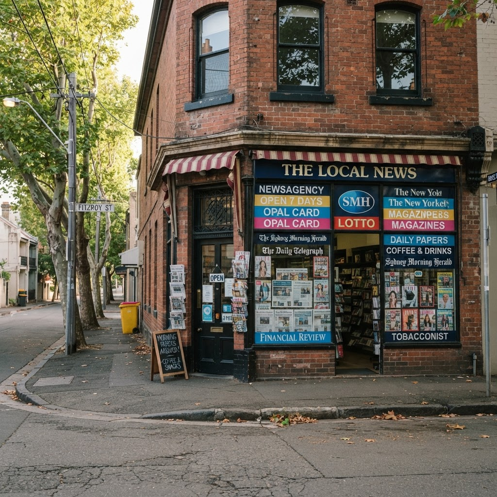 Exterior of Surry Hills Newsagency shopfront on Foveaux Street