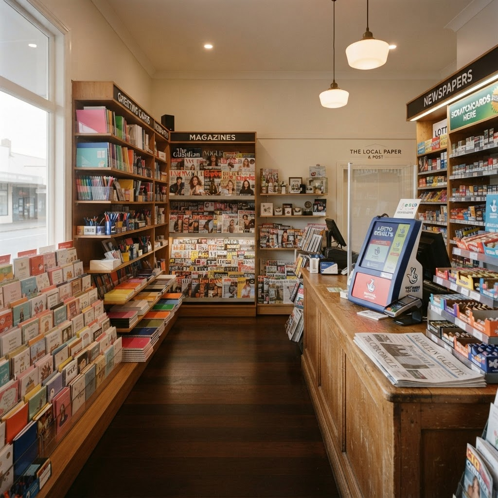 Warm interior of Surry Hills Newsagency showing stationery, greeting cards and lottery terminal