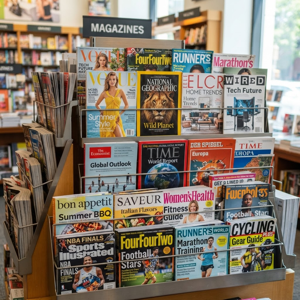 Colourful selection of magazines on display