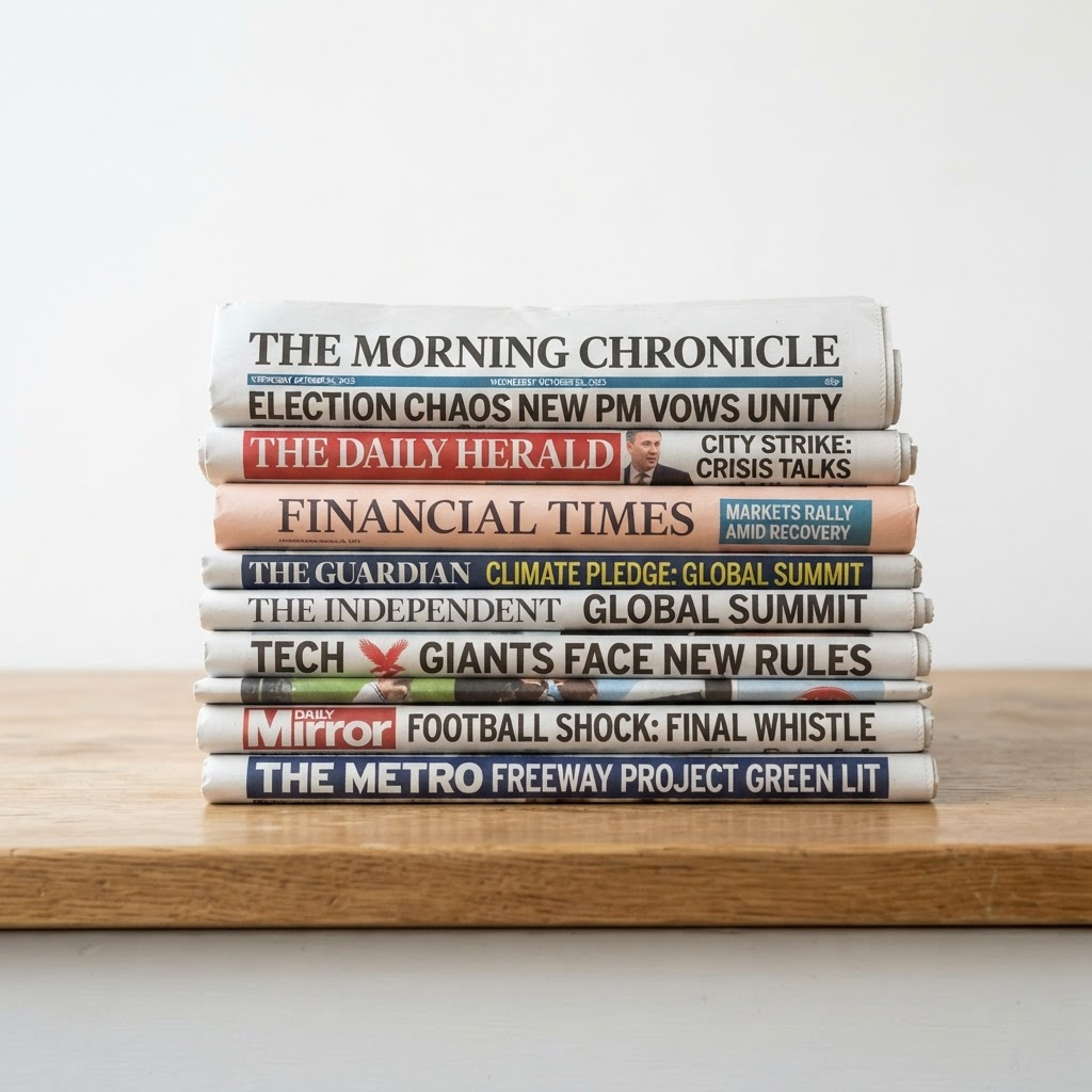Stack of fresh daily newspapers ready for customers